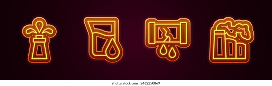 Set line Oil rig, petrol test tube, Broken oil pipe with valve and and gas industrial factory. Glowing neon icon. Vector