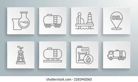 Set line Oil rig, railway cistern, tank storage, Canister for motor oil, Tanker truck, platform in the sea, Refill petrol fuel location and test tube icon. Vector