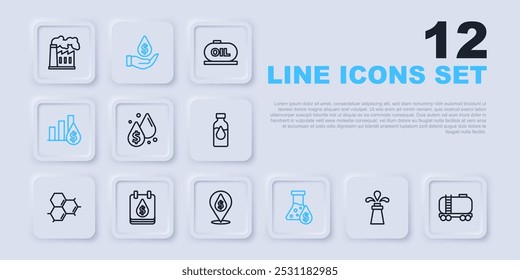 Set line Plataforma de petróleo, cisterna de ferrocarril, gota con símbolo de dólar, tubo de prueba de gasolina, gráfico de pastel y, e icono. Vector