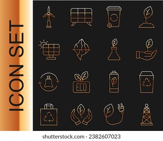 Set line Oil rig, Recycle bin, Plant hand, Iceberg, Solar energy panel, Wind turbine and breeding icon. Vector