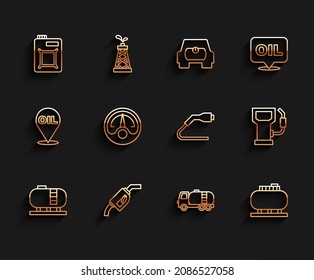Set line Oil tank storage, Gasoline pump nozzle, Canister for motor oil, Tanker truck, Motor gas gauge, Petrol station and Electrical cable plug charging icon. Vector