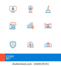 Set line Oil tank storage, drop with dollar symbol, on shield, pump pump jack, and gas industrial factory, Pie chart, Canister for motor machine oil and  icon. Vector