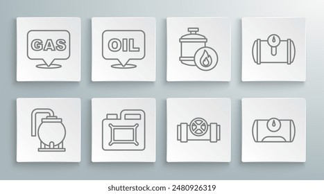 Set line Oil tank storage, Word oil, Canister for motor, Metallic pipes and valve, Gas vehicle, Propane gas,  and Location station icon. Vector