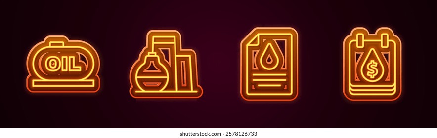 Set line Oil tank storage, Contract money and pen and drop with dollar symbol. Glowing neon icon. Vector