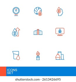 Set line Oil tank storage, rig with fire, petrol test tube, drop dollar symbol, price increase,  and  icon. Vector