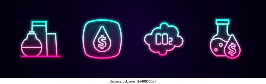 Set line Armazenamento do tanque de óleo, queda com símbolo de dólar, emissões de CO2 na nuvem e tubo de teste de gasolina. Ícone de néon brilhante. Vetor