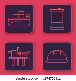 Set line Oil tanker ship, Oil platform in the sea, Barrel oil and Worker safety helmet. Blue square button. Vector