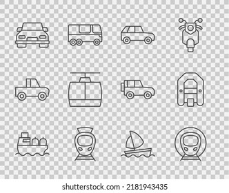 Set line Oil tanker ship, Train and railway, Car, Tram, Cable car, Yacht sailboat and Rafting icon. Vector