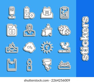 Set line Oil tanker ship, Cigarette, Global warming fire, Polar bear head, Face protective mask, Canister for gasoline, Trash can and Full dustbin icon. Vector