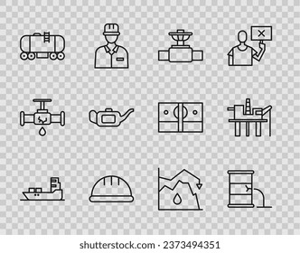 Set line Oil tanker ship, Barrel oil leak, Industry pipe and valve, Worker safety helmet, railway cistern, Canister for motor, Drop in crude price and platform the sea icon. Vector