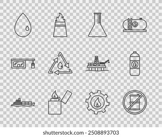 Set line Oil tanker ship, No barrel for gasoline, petrol test tube, Lighter, drop, with recycle, industrial factory building and Canister motor machine oil icon. Vector