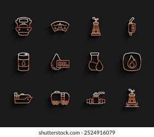 Barco petrolero, cisterna de ferrocarril, tuberías metálicas y válvula, plataforma, gota, llama de fuego e icono de tubo de ensayo de gasolina. Vector