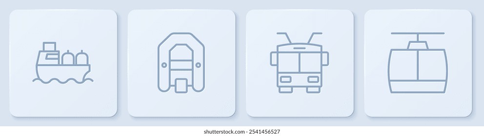 Set line Navio petroleiro, troleicarro, barco de Rafting e teleférico. Botão quadrado branco. Vetor