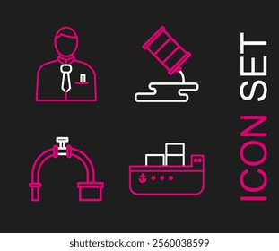 Set line Oil tanker ship, Industry pipe and valve, Barrel oil leak and Businessman or stock market trader icon. Vector