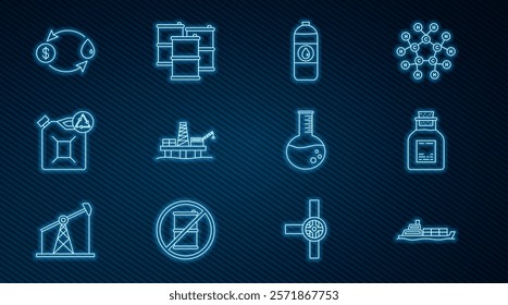 Set line Oil tanker ship, petrol test tube, Canister for motor machine oil, platform the sea, Eco fuel canister, exchange,  and Barrel icon. Vector