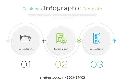 Set line Oil tanker ship, Canister for motor oil and Gas filling station. Business infographic template. Vector