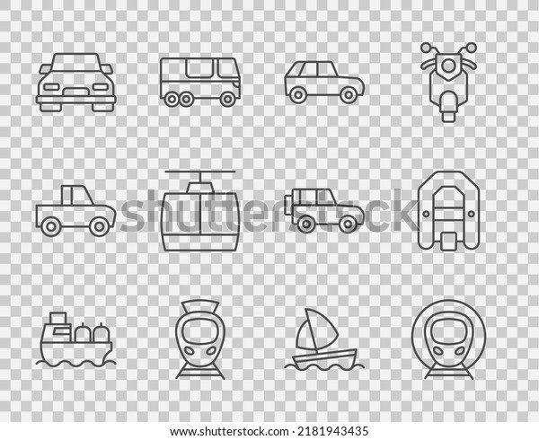 Set line Oil\
tanker ship, Train and railway, Car, Tram, Cable car, Yacht\
sailboat and Rafting icon.\
Vector