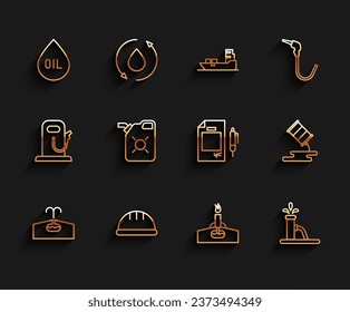 Set line Oilfield, Worker safety helmet, drop, rig with fire, pump pump jack, Canister for motor oil, Barrel leak and Contract money and pen icon. Vector