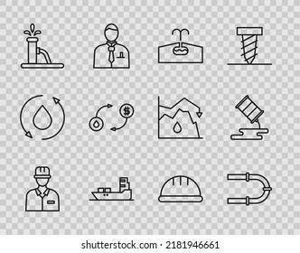 Set Line Oilman, Industry Pipe, Oilfield, Tanker Ship, Pump Or Pump Jack, Exchange, Worker Safety Helmet And Barrel Oil Leak Icon. Vector