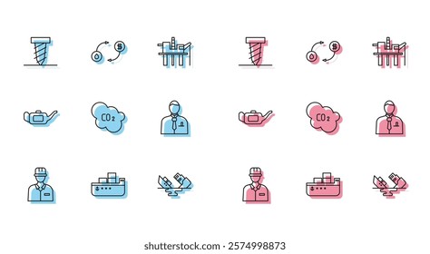 Set line Oilman, tanker ship, Rotating drill digging hole, Wrecked oil, CO2 emissions cloud, Businessman or stock market trader, Canister for motor and exchange icon. Vector