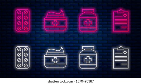 Set line Ointment cream tube medicine, Medicine bottle, Pills in blister pack and Medical clipboard with clinical record. Glowing neon icon on brick wall. Vector