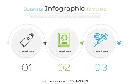 Set line Ointment cream tube medicine, Medical book and Medical syringe with needle. Business infographic template. Vector