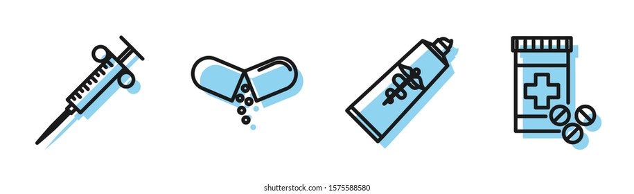 Set line Ointment cream tube medicine, Syringe, Medicine pill or tablet and Medicine bottle and pills icon. Vector