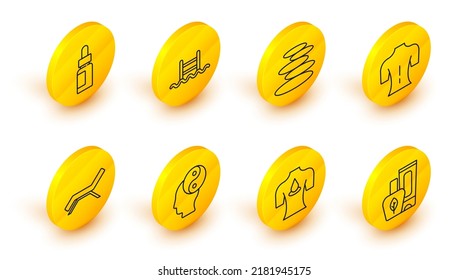 Set line Ointment cream tube, Massage with aroma oils, Yin Yang, Sunbed and umbrella, Stack hot stones, Swimming pool ladder and Essential bottle icon. Vector