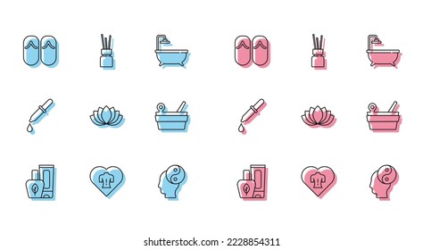 Set line Ointment cream tube, Massage, Flip flops, Yin Yang, Lotus flower, Sauna bucket and ladle, Pipette and Aroma diffuser icon. Vector