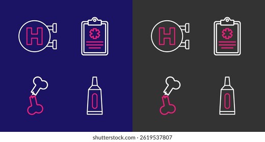 Set line Ointment cream tube medicine, Human broken bone, Clinical record and Hospital signboard icon. Vector