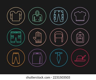 Set line Oktoberfest hat, Backpack, Cargo pants, Leather glove, Short or, Long sleeve shirt, Winter with ear flaps and Hoodie icon. Vector