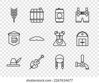 Set line Oktoberfest hat, Beer tap, can, Violin, Wheat, Homemade pie, Braid and Farm House icon. Vector