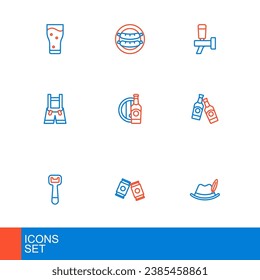 Set line Oktoberfest hat, Beer can, Bottle opener, bottle, Lederhosen, and wooden barrel, tap and Sausage icon. Vector