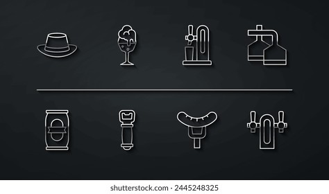 Set line Oktoberfest hat, Beer can, brewing process, Sausage on the fork, Bottle opener, Glass of beer, tap and with glass icon. Vector