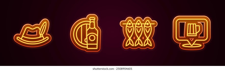 Set line Oktoberfest hat, Beer bottle and wooden barrel, Dried fish and Wooden beer mug. Glowing neon icon. Vector