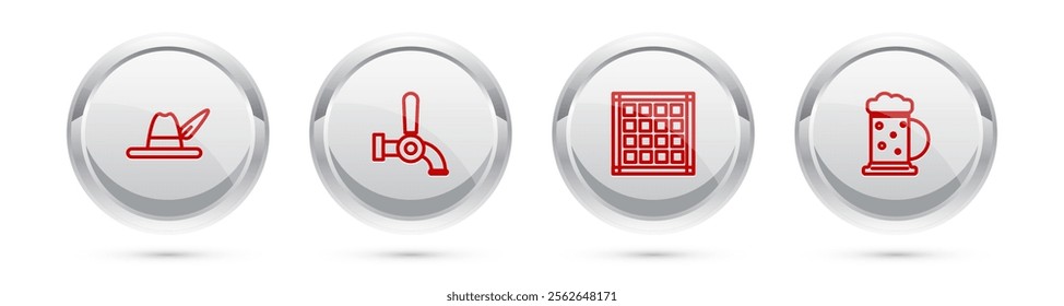 Set line Oktoberfest hat, Beer tap, Checkered napkin and Wooden beer mug. Silver circle button. Vector