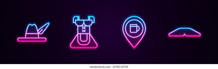 Set line Oktoberfest hat, Costume for women dirndl, Alcohol beer bar location and Homemade pie. Glowing neon icon. Vector