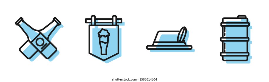 Set line Oktoberfest hat, Crossed beer bottle, Street signboard with glass of beer and Metal beer keg icon. Vector