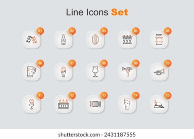 Set line Oktoberfest hat, Glass of beer, Accordion, Pack bottles, Trumpet, Dried fish and  icon. Vector