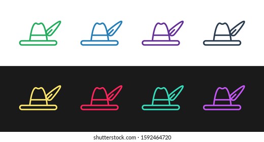 Set line Oktoberfest hat icon isolated on black and white background. Hunter hat with feather. German hat.  Vector Illustration