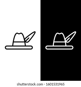 Set line Oktoberfest hat icon isolated on black and white background. Hunter hat with feather. German hat.  Vector Illustration