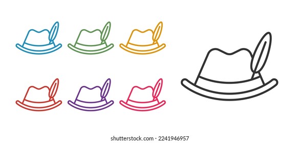 Establezca la línea de icono de sombrero Oktoberfest aislado en el fondo blanco. Sombrero de caza con pluma. Sombrero alemán. Indique los iconos en colores. Vector