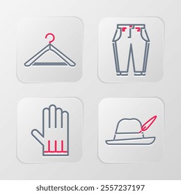 Set line Oktoberfest hat, Leather glove, Pants and Hanger wardrobe icon. Vector