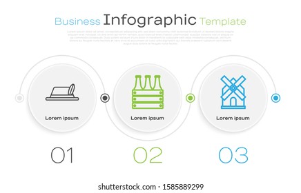 Set line Oktoberfest hat, Pack of beer bottles and Windmill. Business infographic template. Vector