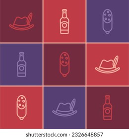 Set line Oktoberfest hat, Salami sausage and Beer bottle icon. Vector