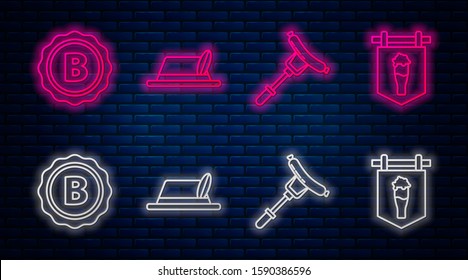 Set line Oktoberfest hat, Sausage on the fork, Bottle cap with inscription beer and Street signboard with glass of beer. Glowing neon icon on brick wall. Vector