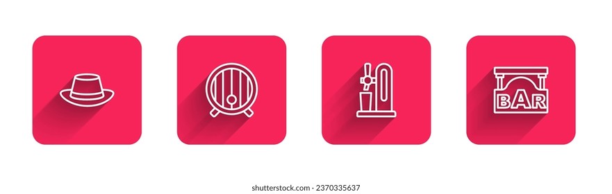 Set line Oktoberfest hat, Wooden barrel, Beer tap with glass and Street signboard Bar with long shadow. Red square button. Vector