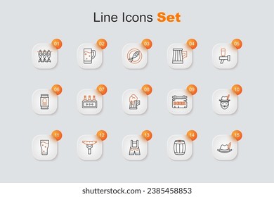 Set line Oktoberfest hat, Wooden barrel, Lederhosen, Sausage on the fork, Glass of beer, man, Street signboard with Beer and mug icon. Vector