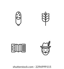 Set line Oktoberfest man, Accordion, Salami sausage and Wheat icon. Vector