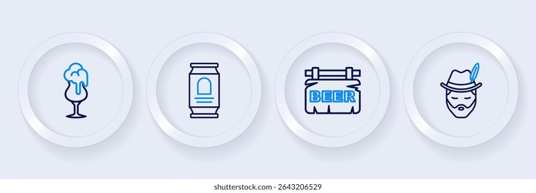 Set line Oktoberfest man, Street signboard with Beer, can and Glass of beer icon. Vector